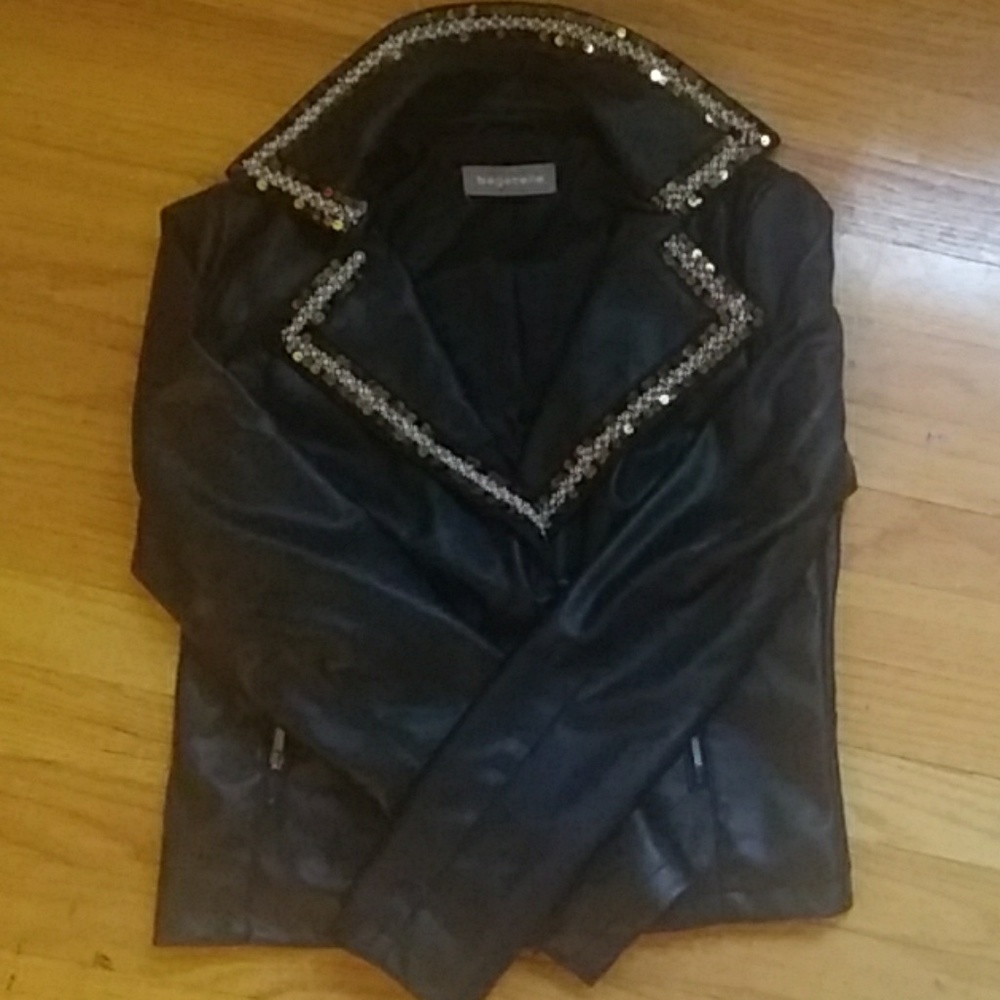 Bagatelle Womens Black Faux Leather Sequin Jacket
